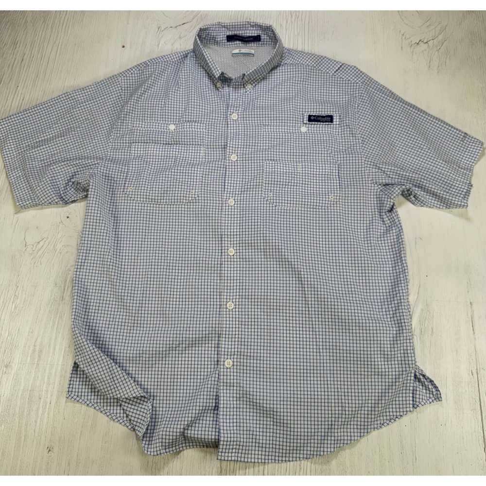 Columbia Super Tamiami PFG Fishing S/S Shirt Men Large Blue White Plaid FM7189 - Picture 3 of 8